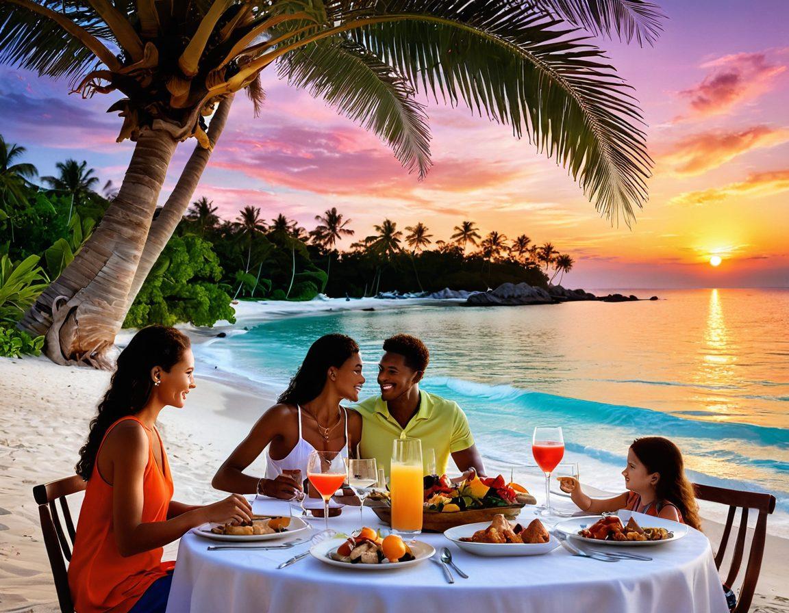 A breathtaking family vacation scene featuring a luxurious beachfront resort with crystal-clear waters and palm trees, where a diverse family enjoys a gourmet outdoor dining experience. Include various cultural dishes served on elegant tableware, with children playing in the sand and adults sipping cocktails. The sunset paints the sky in vibrant hues, evoking a sense of adventure and indulgence. super-realistic. vibrant colors. 3D.