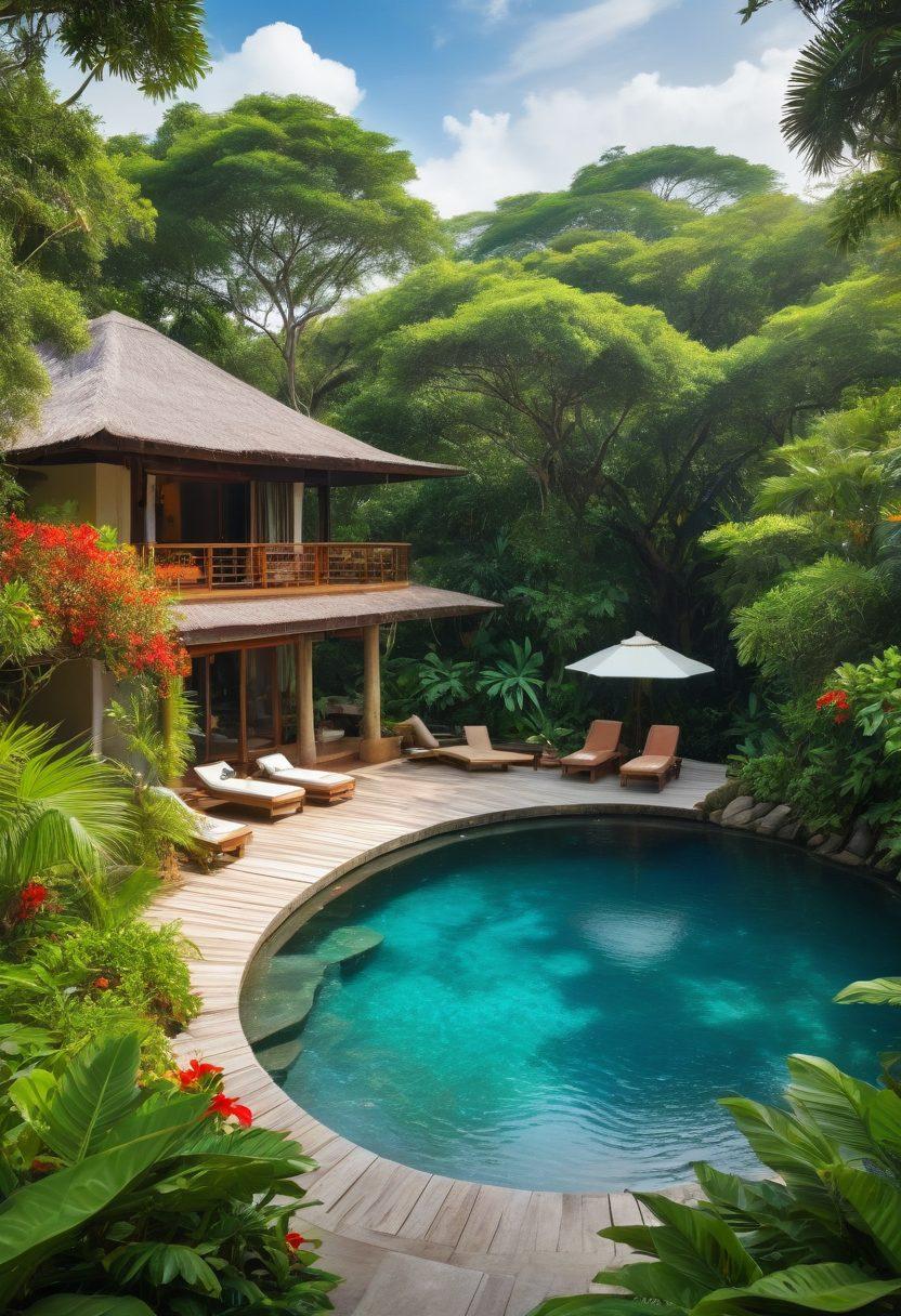 A serene landscape featuring a luxurious eco-friendly resort nestled among lush greenery, surrounded by tranquil waters and vibrant tropical flowers. Show sustainable architecture with natural materials and solar panels, complemented by relaxing outdoor spaces such as hammocks and yoga decks. Incorporate diverse travelers enjoying spa treatments, meditative activities, and nature walks, highlighting the retreat's harmony with nature. soft focus, vibrant colors, super-realistic.