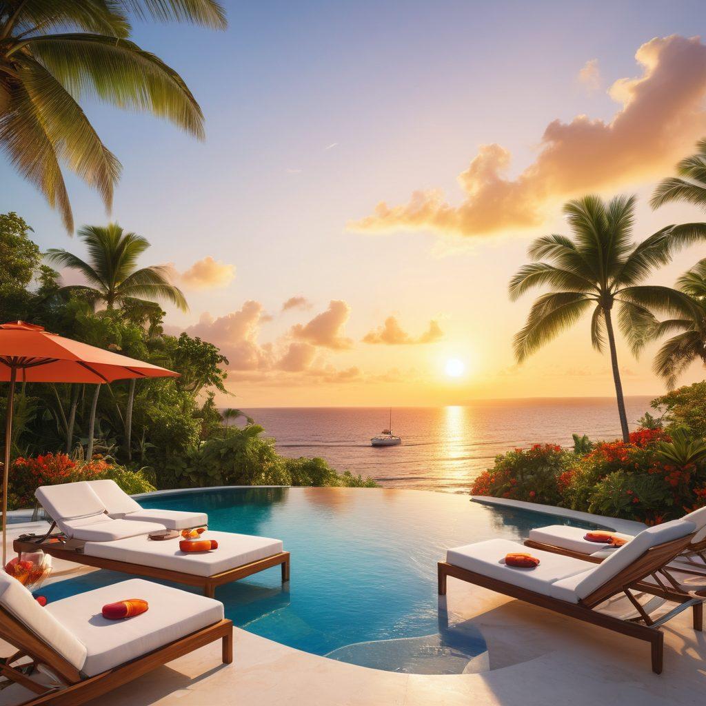 A breathtaking view of a sun-soaked private beach, featuring a luxurious infinity pool overlooking the ocean with elegant lounge chairs and parasols. In the foreground, a couple enjoys cocktails while a yacht sails in the distance. Lush tropical vegetation surrounds the scene, adding to the paradise feel. The sky is painted with vibrant sunset hues. super-realistic. vibrant colors. white background.